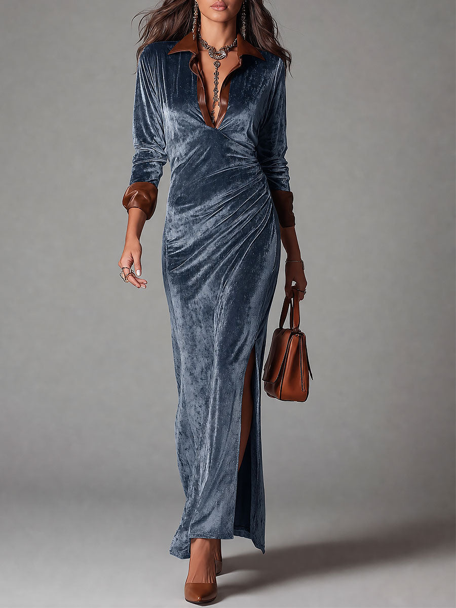 Abito maxi blu in velluto con spacco alto – vista frontale