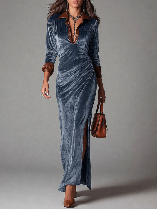 Abito maxi blu in velluto con spacco alto – vista frontale