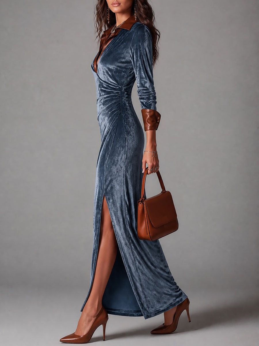Abito maxi blu in velluto con spacco alto – dettaglio