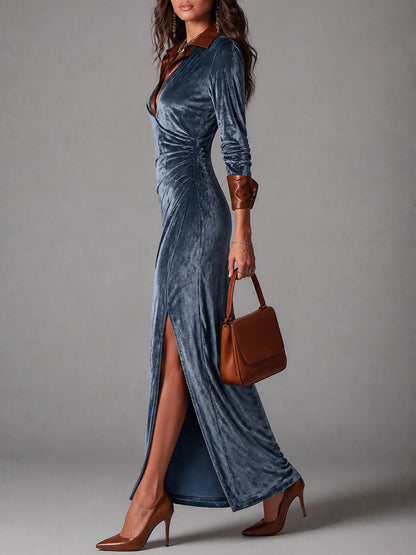 Abito maxi blu in velluto con spacco alto – dettaglio