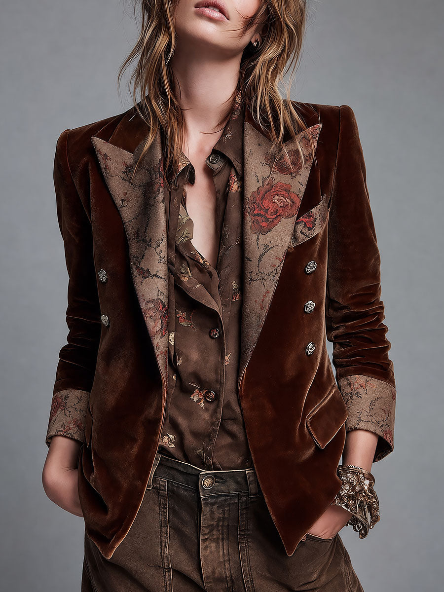 Blazer doppiopetto in velluto marrone – vista frontale