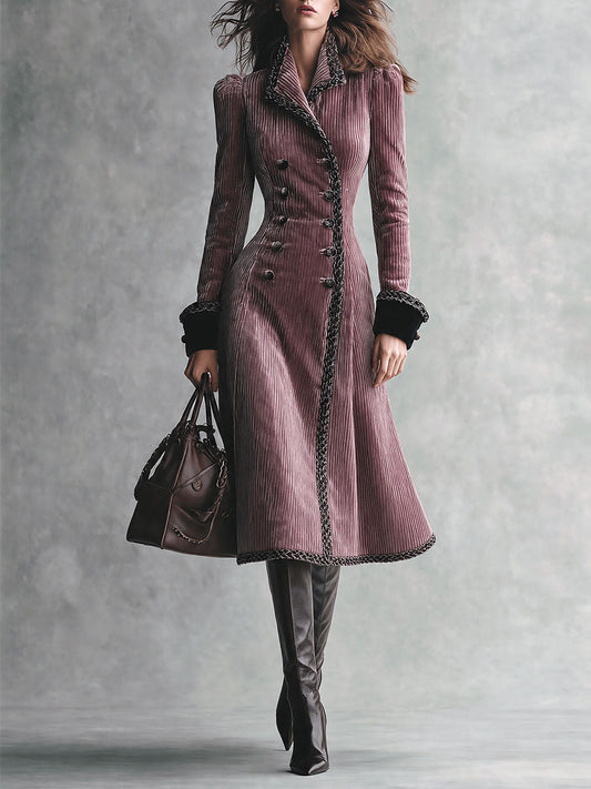 Cappotto lungo in velluto a coste malva – vista frontale