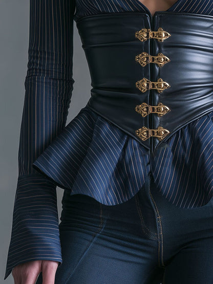 Camicia gessata blu navy con corsetto in ecopelle – dettaglio