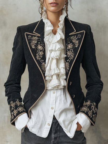 Blazer ricamato nero con fiori dorati – vista frontale