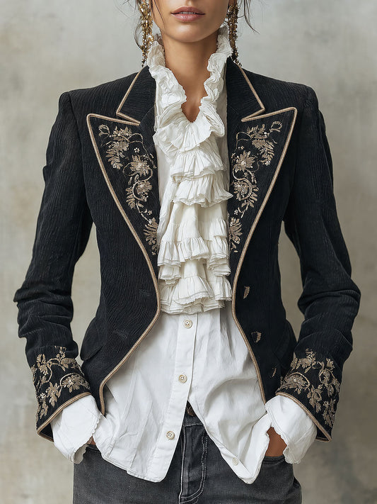 Blazer ricamato nero con fiori dorati – vista frontale
