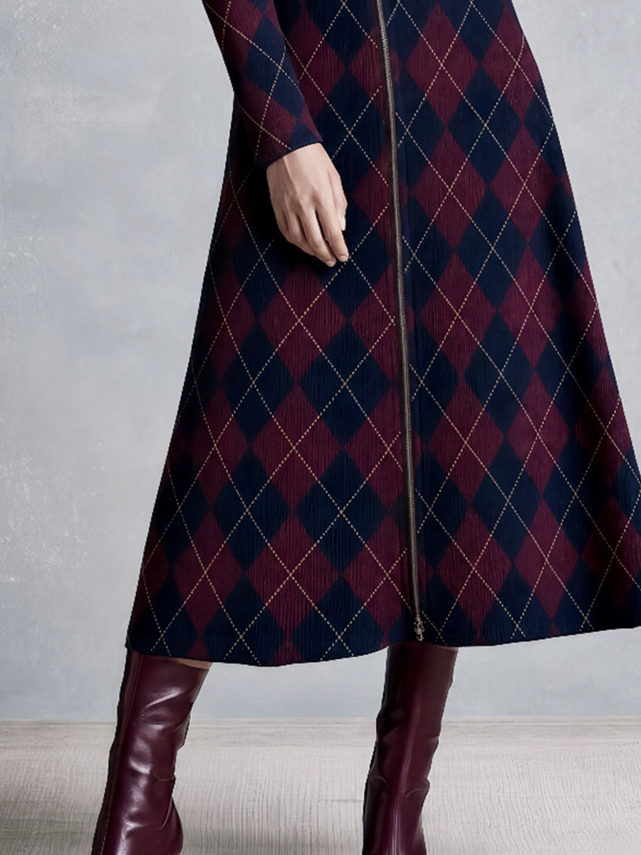 Abito midi in maglia a rombi blu navy e bordeaux – dettaglio