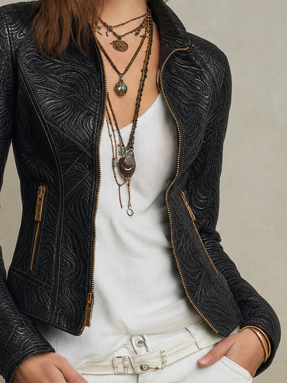 Giacca biker nera goffrata – dettaglio