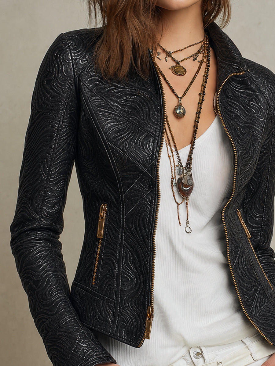 Giacca biker nera goffrata – vista laterale