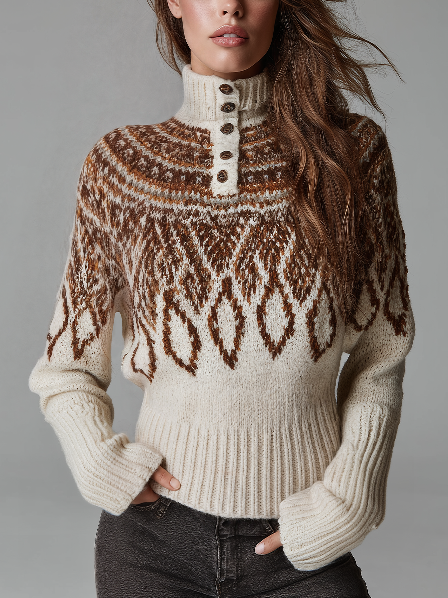 Maglione Fair Isle avorio e marrone – vista frontale