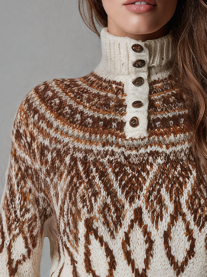 Maglione Fair Isle avorio e marrone – vista laterale