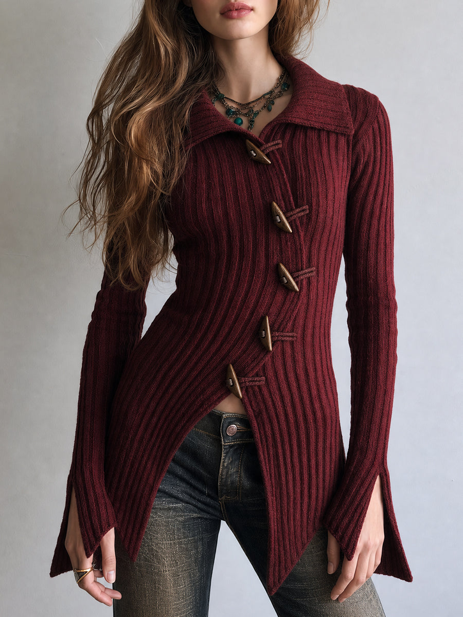 Cardigan bordeaux in maglia con alamari – vista frontale