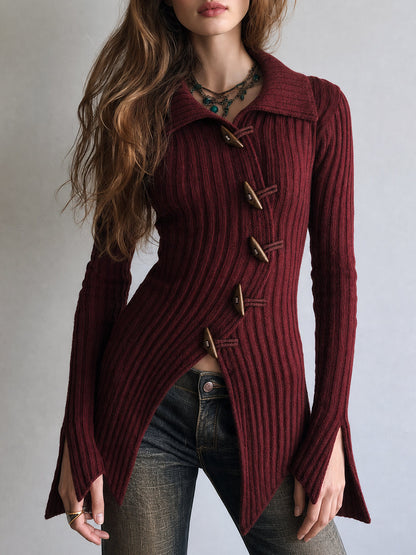 Cardigan bordeaux in maglia con alamari – vista frontale