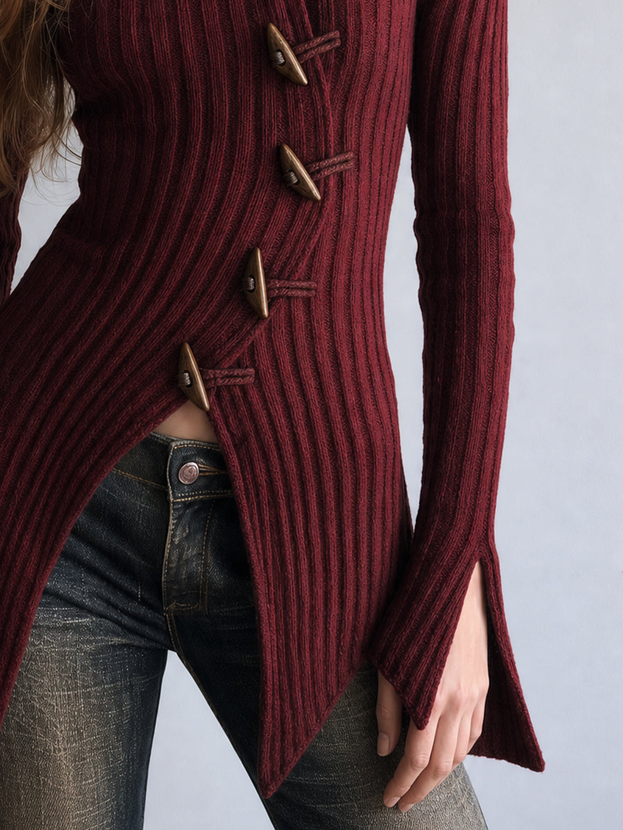 Cardigan bordeaux in maglia con alamari – dettaglio