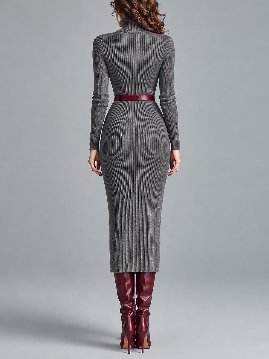 Abito midi grigio in maglia con collo alto – dettaglio