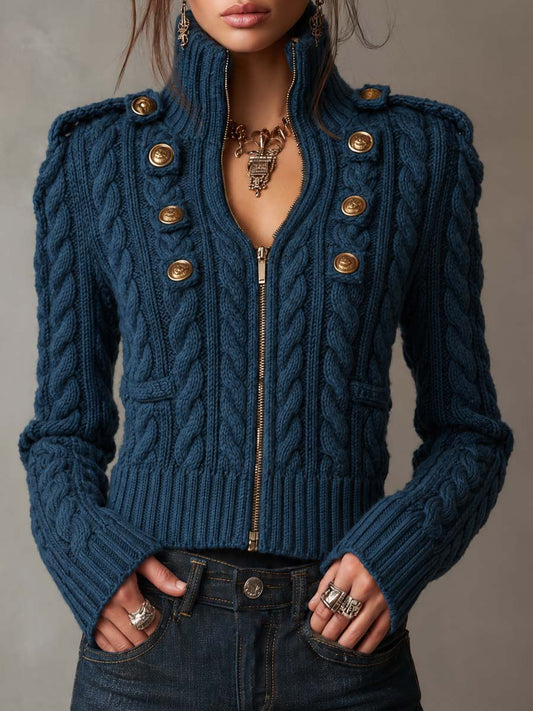 Cardigan militare in maglia a trecce blu navy – vista frontale