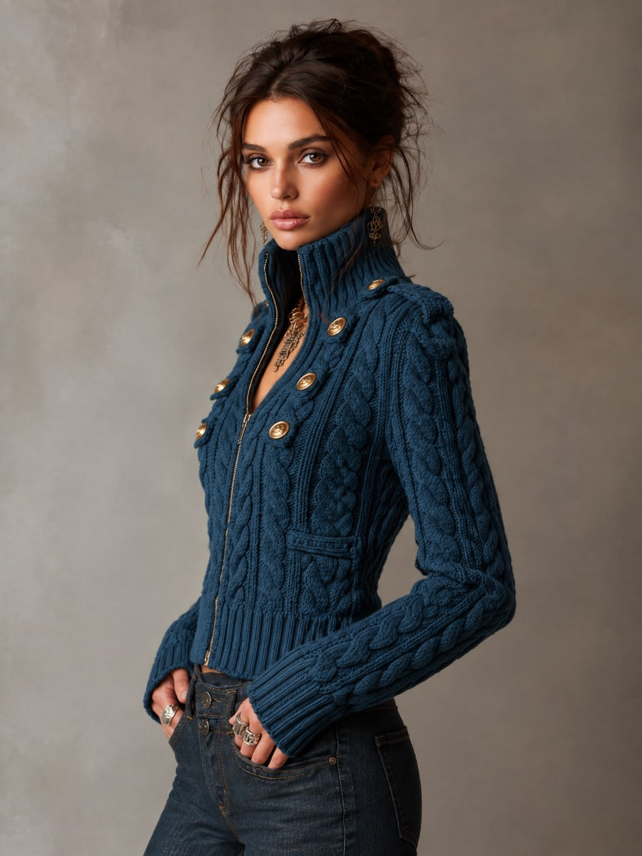 Cardigan militare in maglia a trecce blu navy – vista laterale