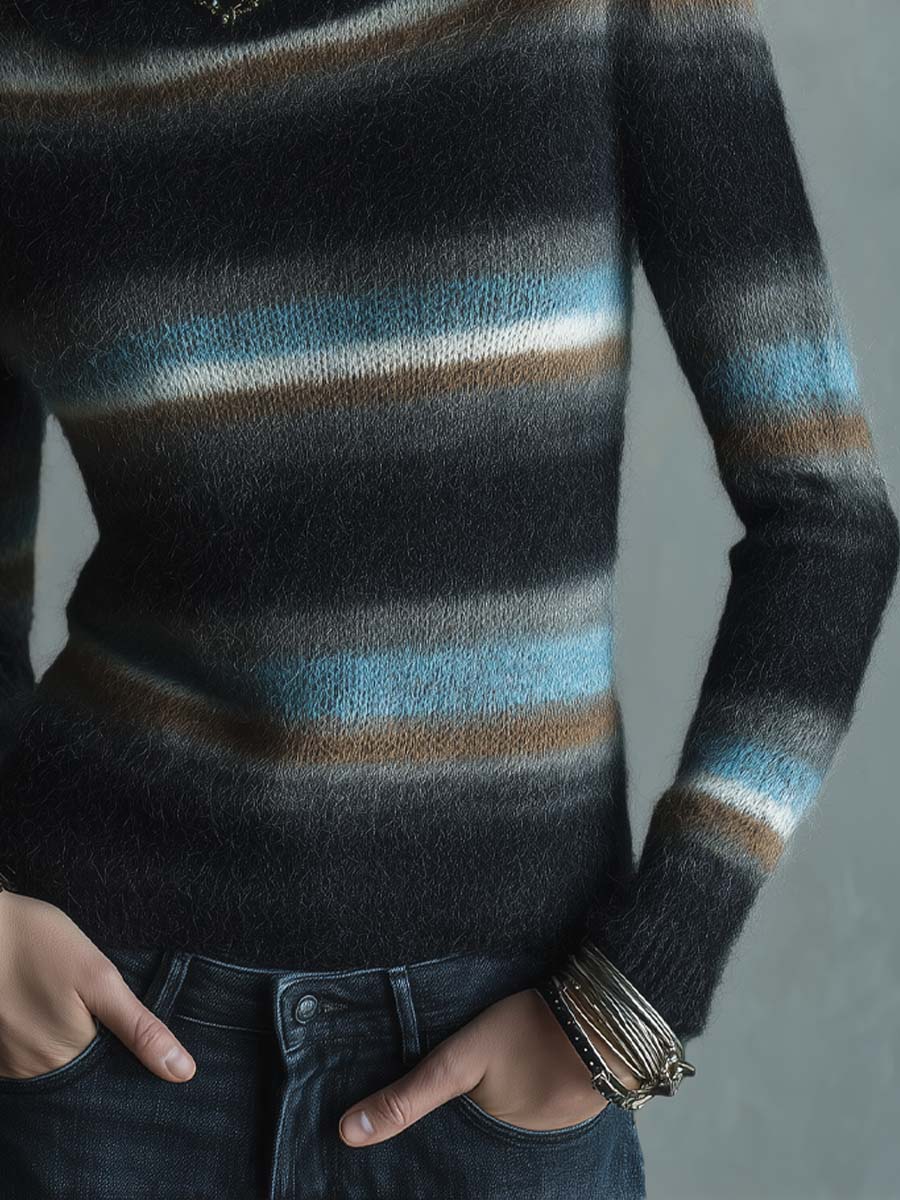 Maglione a righe in mohair nero con collo alto – dettaglio
