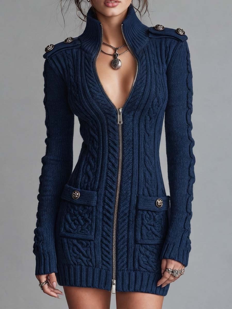 Abito mini in maglia blu navy con zip – vista frontale