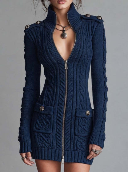 Abito mini in maglia blu navy con zip – vista frontale