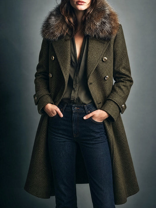 Cappotto lungo spigato verde oliva con collo in eco-pelliccia – vista frontale