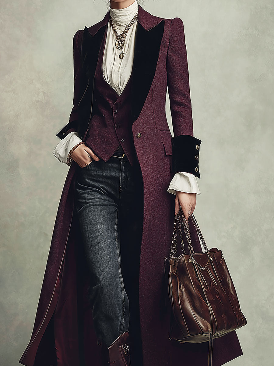 Cappotto midi in lana viola con revers in velluto – vista laterale
