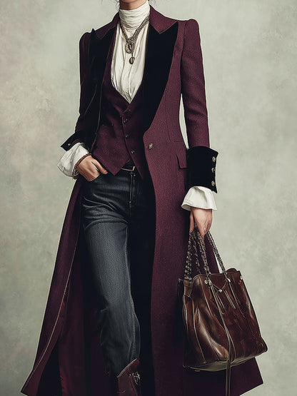 Cappotto midi in lana viola con revers in velluto – vista laterale