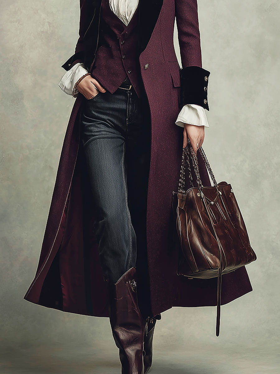 Cappotto midi in lana viola con revers in velluto – dettaglio