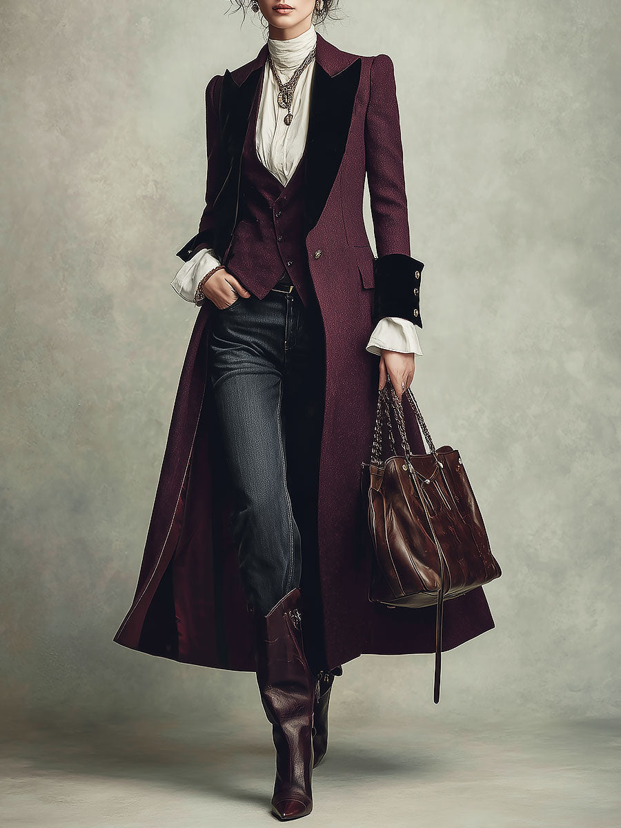 Cappotto midi in lana viola con revers in velluto – vista frontale