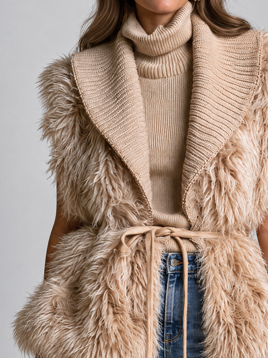 Gilet in maglia kaki con bordo in eco-pelliccia – vista laterale