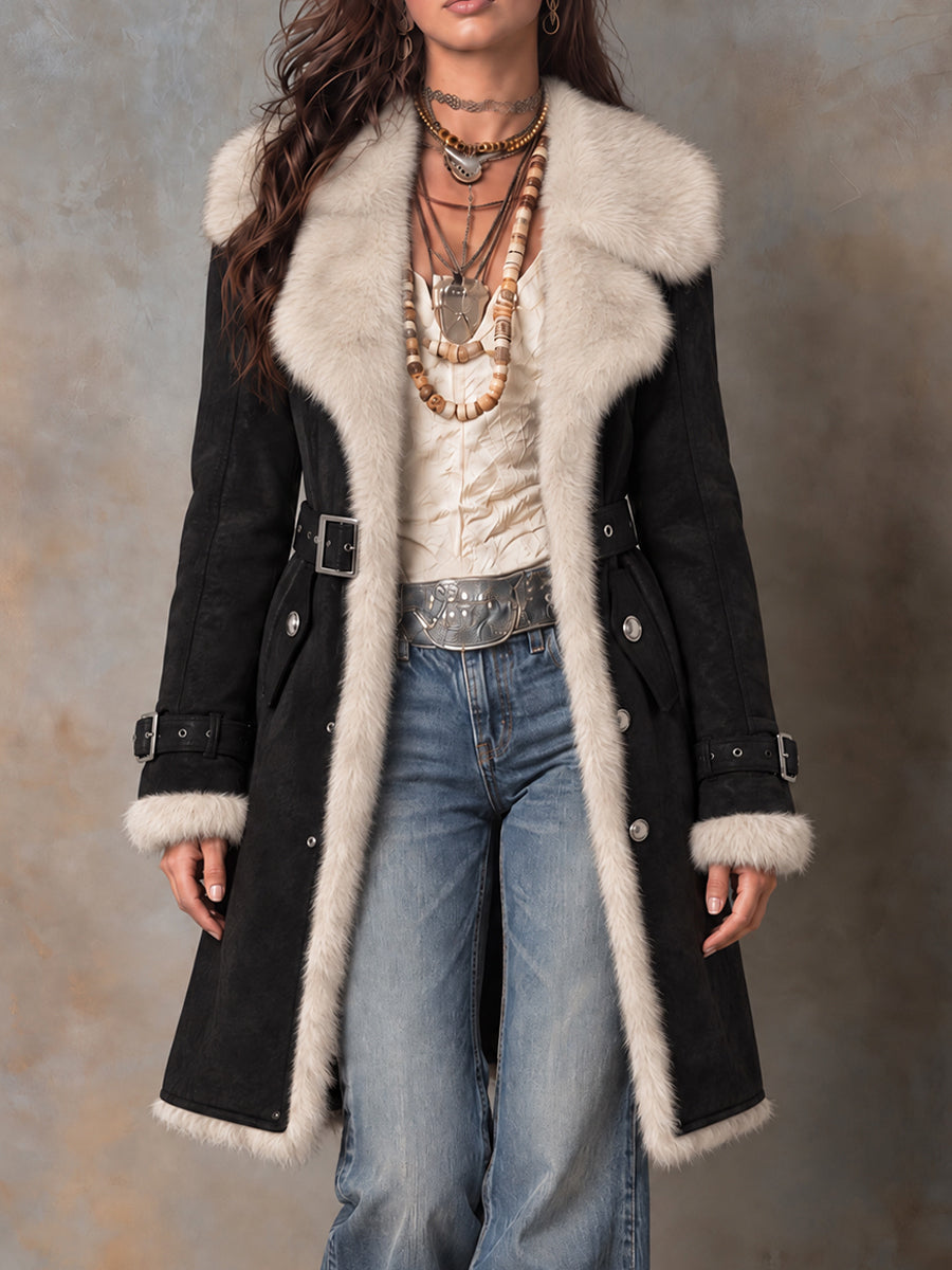Cappotto in finto suede con bordo in eco-pelliccia – vista frontale