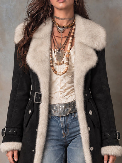 Cappotto in finto suede con bordo in eco-pelliccia – vista laterale