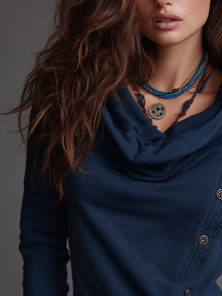 Felpa vintage blu navy con collo a cascata – vista laterale