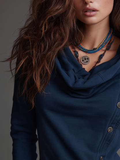 Felpa vintage blu navy con collo a cascata – vista laterale