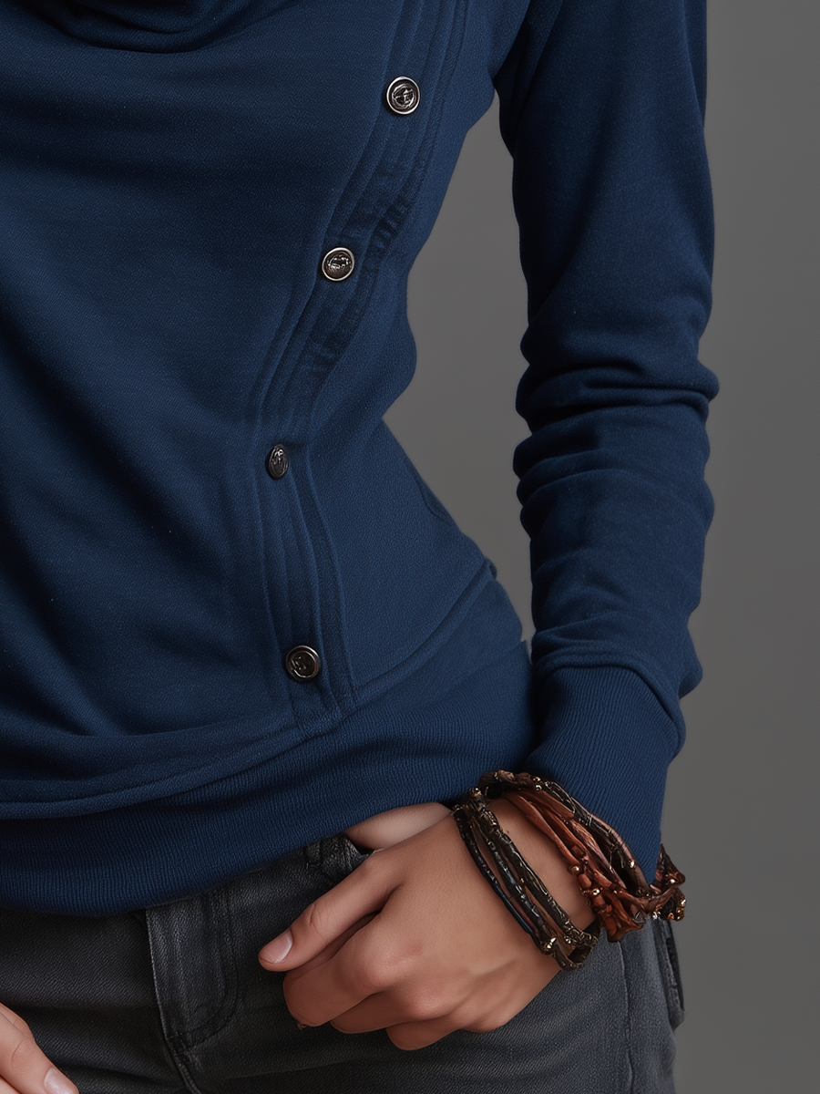 Felpa vintage blu navy con collo a cascata – dettaglio