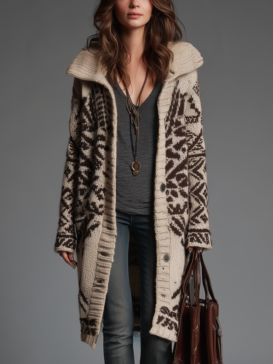 Cardigan lungo in maglia crema e marrone – vista frontale