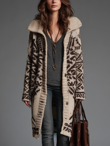 Cardigan lungo in maglia crema e marrone – vista frontale