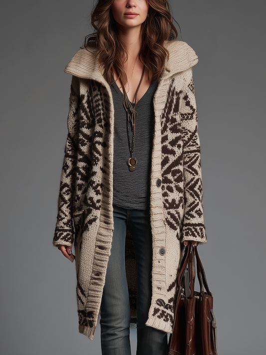Cardigan lungo in maglia crema e marrone – vista frontale
