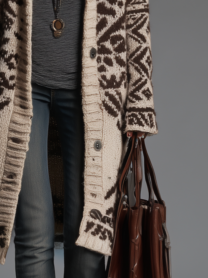 Cardigan lungo in maglia crema e marrone – dettaglio