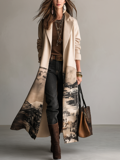 Cappotto lungo crema con stampa paesaggio – vista frontale