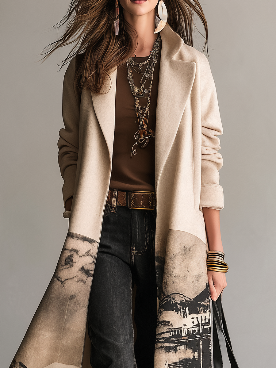 Cappotto lungo crema con stampa paesaggio – vista laterale