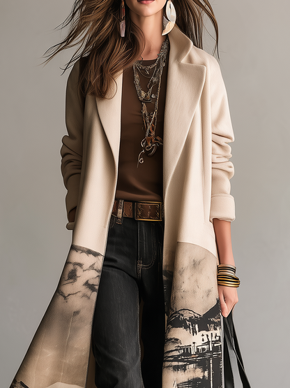 Cappotto lungo crema con stampa paesaggio – vista laterale