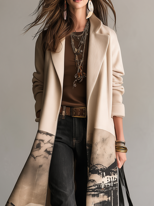 Cappotto lungo crema con stampa paesaggio – vista laterale