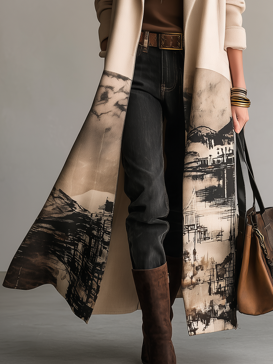 Cappotto lungo crema con stampa paesaggio – dettaglio della stampa