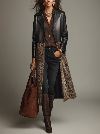 Cappotto lungo nero con inserti leopardati – vista frontale