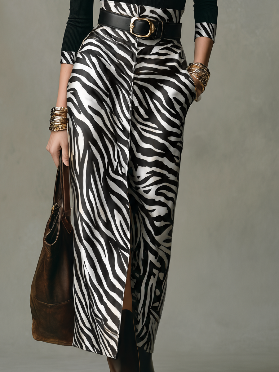 Completo con gonna midi stampa zebrata bianco e nero – dettaglio