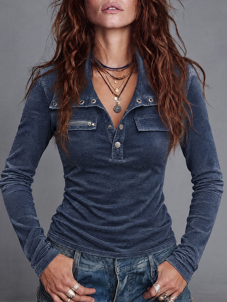 Maglia henley blu navy con lavaggio vintage – vista frontale