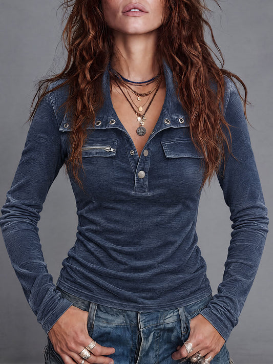Maglia henley blu navy con lavaggio vintage – vista frontale