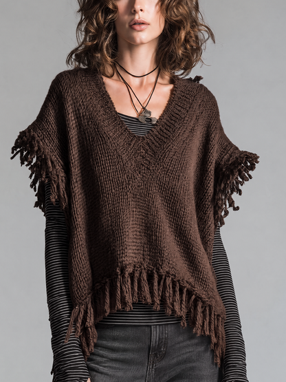 Gilet in maglia marrone con frange – vista frontale