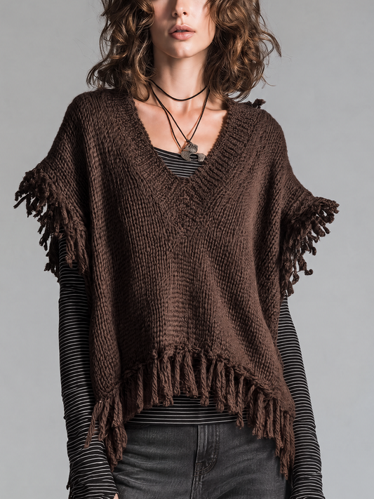Gilet in maglia marrone con frange – vista frontale