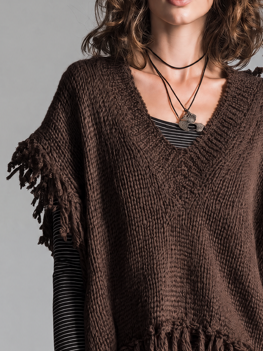 Gilet in maglia marrone con frange – vista laterale